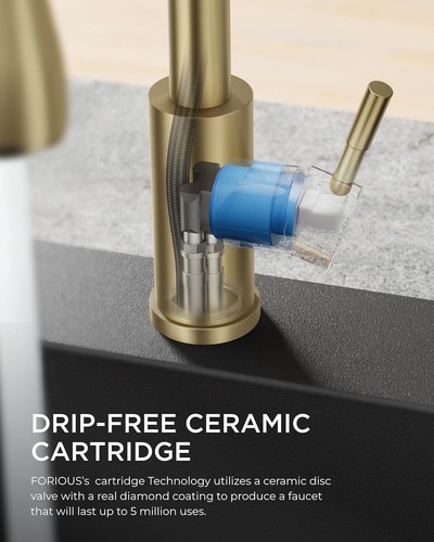 FORIOUS Grifo de Cocina Dorado, Grifo de Cocina 3 en 1 con Pulverizador Extraíble Bru... - Imagen 7 de 7