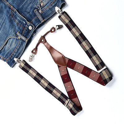 Beige Red Men Women Braces Unisex Suspenders Adjustable Clip-on Checked BD636