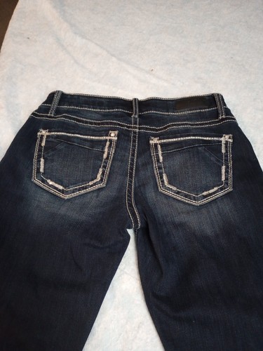 Daytrip Virgo Bootcut Jeans Womens 27R (30x30) Blue Distressed Rhinestone Logo - Picture 6 of 8