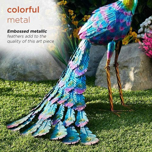 28 in. Tall Outdoor Metallic Peacock Standing Yard Statue Decoration, Multicolor - Picture 6 of 7