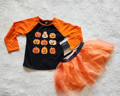 NWT Toddler Girl Orange Pumpkin Halloween Outfit Shirt & Skirt Set, Size 3t - Picture 2 of 5
