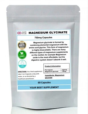 YOUR BEST SUPPLEMENT Magnesium Glycinate Capsules 750mg ( High Strength ) Premium Quality, No Fillers