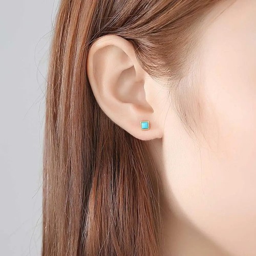 Golden Square Turquoise Blue Petite Stud Earrings (925 Silver) Silver, Love Cute - Picture 3 of 6