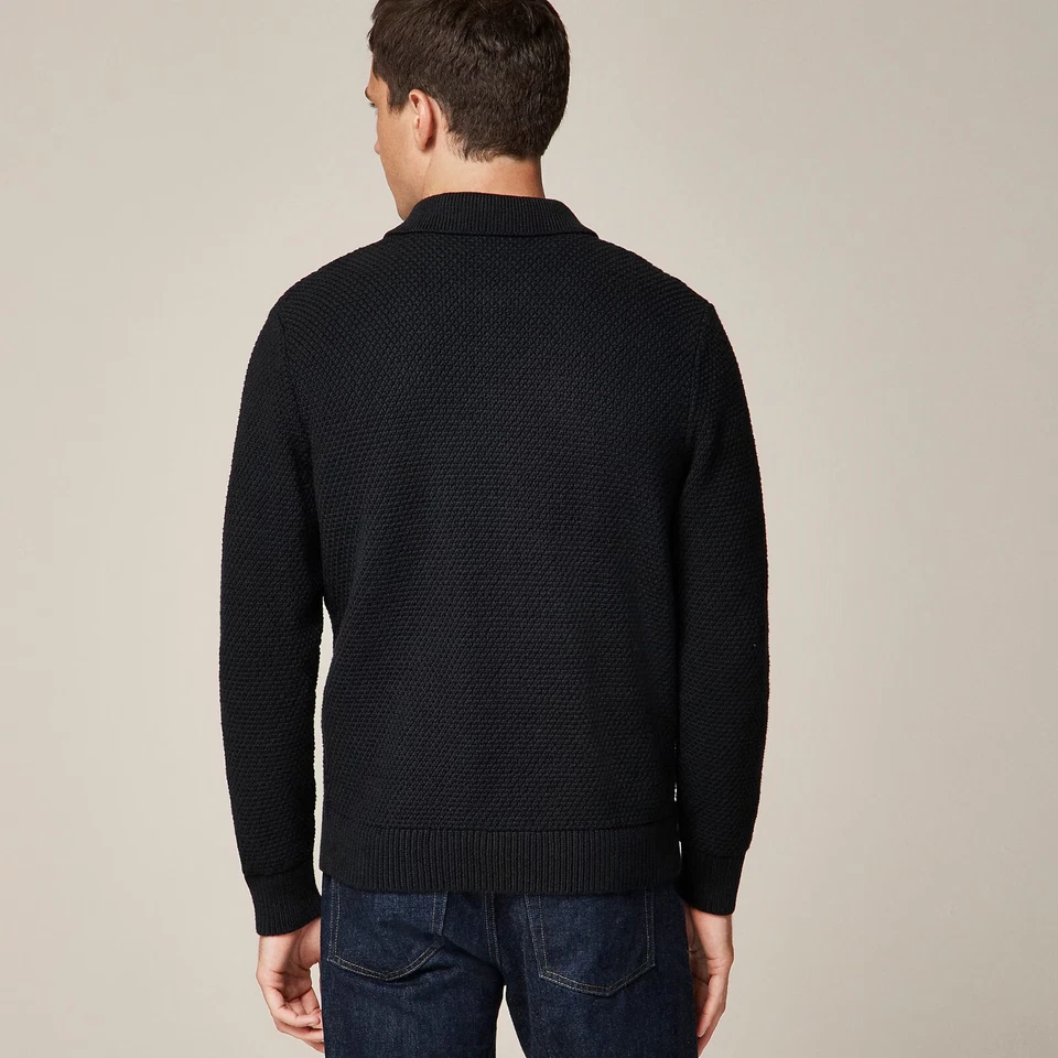 J Crew Cardigan Sweater Mens Black Polo Collar Warm Thick Moss Stitch All Sizes - Image 2 of 4