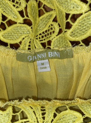 Gianni Bini Jason Off-The-Shoulder Embroidered Smocked Yellow Mini Dress Size M - Picture 6 of 6