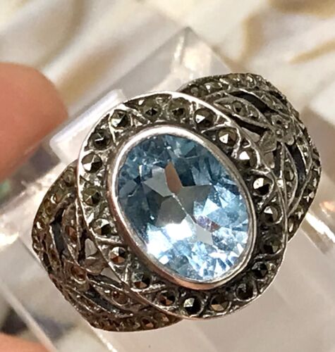 Antik Art Déco Edel DAMEN RING Silber 925 Gr.56 blauer Stein Markasite Design - Bild 13 von 24