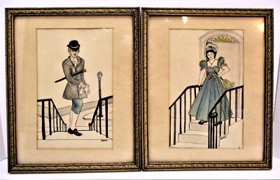 Pr Framed Vintge Ink & Watercolor Drawings of Period Man & Lady on Steps N Baker