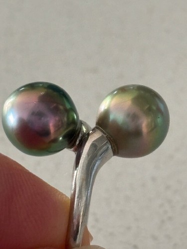 14k WHITE GOLD TAHITIAN GREEN & BLACK PEARL DOUBLE RING SIZE 5.5 - Picture 9 of 10