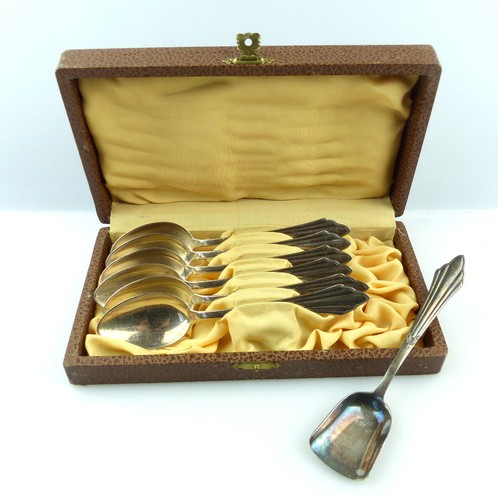 #e4078 6 Kaffeelöffel und eine Zuckerschaufel von WMF Fächermuster versilbert - Picture 1 of 7