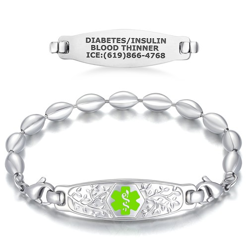 Divoti individuell graviertes Olivenanhänger medizinische Warnung ID Frauen Armbänder, mit Reisperle - Bild 8 von 17