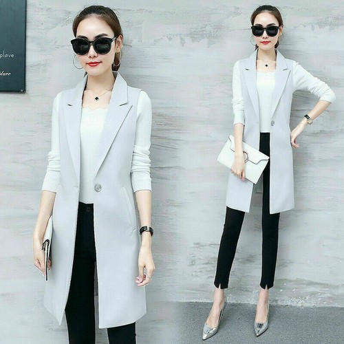 Women Sleeveless Lapel Coat Long Cardigan Jacket Suit Elegant Waistcoat Vest - Picture 9 of 11