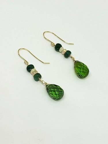 14k Yellow Gold Peridot Briolette, Ethiopian Opal and Sapphire Dangle Earrings - Picture 4 of 6