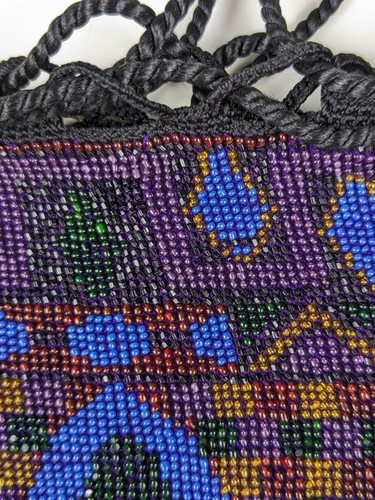 Vintage Antique Art Deco Micro Beaded Drawstring Purse Fringe Black Blue Purple - Picture 17 of 19