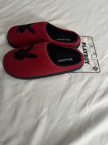 NEW Playboy SLIPPERS Bunny Logo Men's XL 13/14 Black & Red Slip On Slippers - Picture 3 of 7