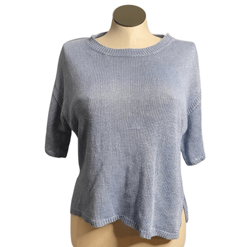 Poetry Womens Delave Linen Sweater 8 Blue Short Sleeve Open Knit Airy