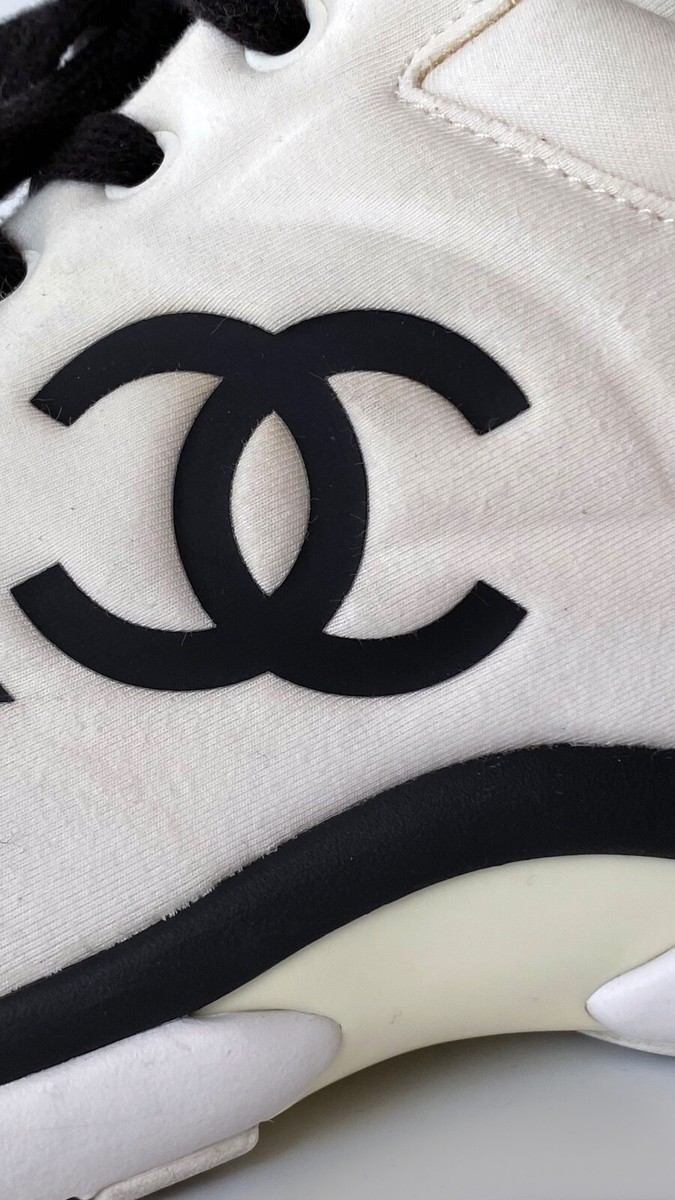 CHANEL WHITE BLACK CC LOGO FABRIC SNEAKERS 42 | eBay CHANEL WHITE BLACK CC LOGO FABRIC SNEAKERS 42 | eBay