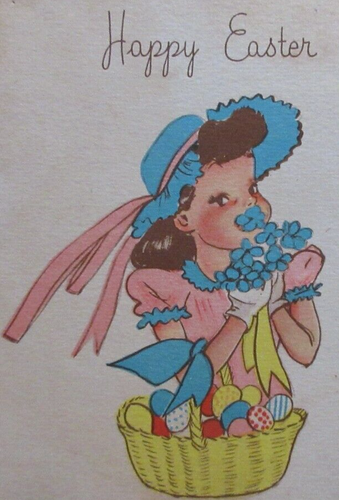 Vintage BUZZA CARDOZO Osterkarte süß BRÜNETTE BLÄST KÜSSE Korb EIER Tulpen - Bild 2 von 6