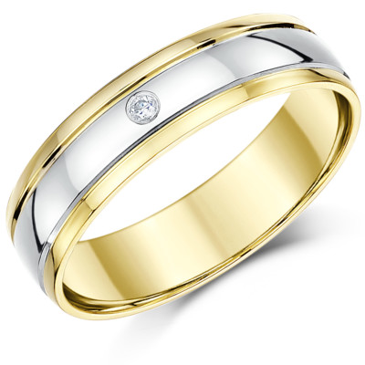 Ehering 5 mm/6 mm zweifarbig Gold 9 kt Hofförmiger Diamantring UK punziert