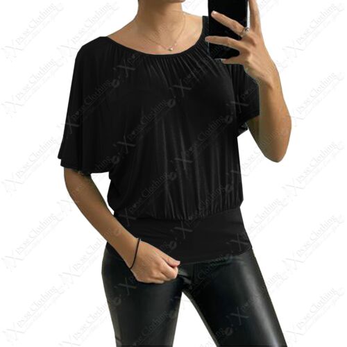 LADIES CROSS BACK STRAP BATWING TOP WOMENS RUFFLE SLEEVE JERSEY SUMMER T-SHIRT - Picture 2 of 37
