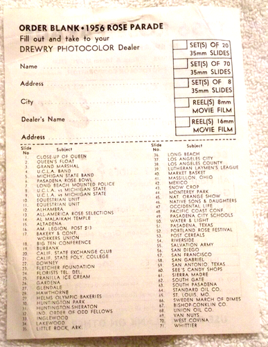 1956 Rose Parade Drewry Photocolor Folien Bestellformular mit Liste aller Floats - Bild 2 von 3