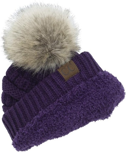 C.C Trendy Fuzzy Fleece Lined Soft Stretch Cable Knit Ribbed Faux Fur Pom Beanie - Picture 18 of 102