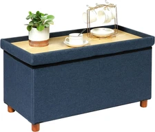 Linen Coffee Table Ottoman with Tray, Large Storage Bench with Wooden Legs, Toy