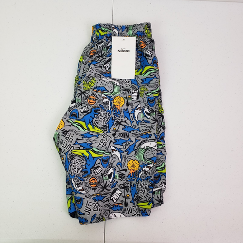 Nike Swim Boys Size M Gray Blue T-Rex Shark All Over Print Swim Trunks Shorts - Picture 2 of 8