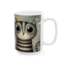 Whimsical Cat Ceramic Mug-Unique Tea Coffee Cup, Gift for Cat Lovers, 11oz, 15oz