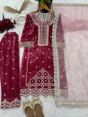 Elegante Salwar Kameez in velluto di viscosa con dupatta per festa abbigliamento etnico vestito - Foto 3 di 13