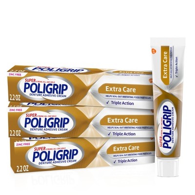 Super Poligrip Extra Care Denture and Partials Adhesive Cream, 2.2 oz, 3 Pack