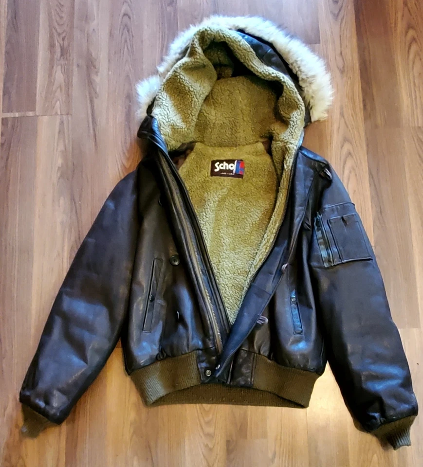 Chaqueta de Vuelo Schott 5A De Colección - Talla 42 - Forrada Sherpa con Capucha de Piel Cuero EE. UU. Foto 3 de 4