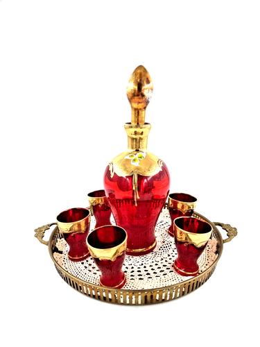 Likörset Karaffe mit 6 Gläsern & Tablett Rot Gold Handbemalt Vintage Böhmen rar - Picture 3 of 10