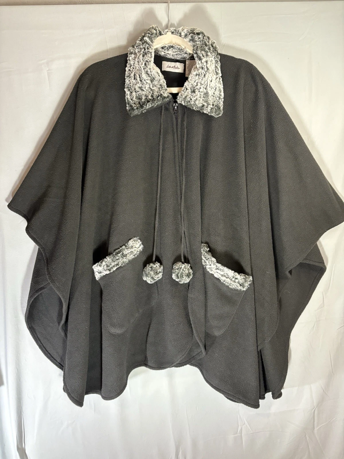 NWT Black Lord Daniel Fleece Poncho Faux Soft Fur on Neck, Pockets, Pompoms