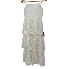 Lulus White Floral Embroidered Tiered Midi Dress Square Neck Bridal Event Medium