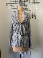 Mexx open-knit shawl-collar cardigan Grey L tie belt Wool Mix button crochet 