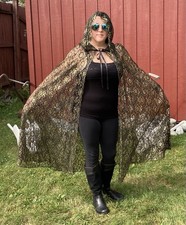 Gothic Hooded Lace Cloak Pagan Wicca Gold Flowers Witchy Sheer LARP Cape NWT