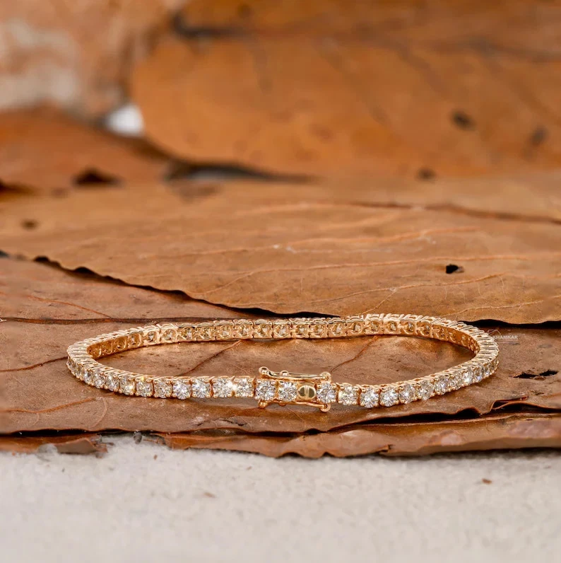 Brazalete Tenis Diamante Natural Corte Redondo 4Ct para Cualquier Ocasión Oro Rosa 14K Foto 2 de 4