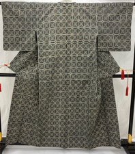 Japanese Vintage Kimono Silk Black Tsumugi Traditional Authentic Length 61in