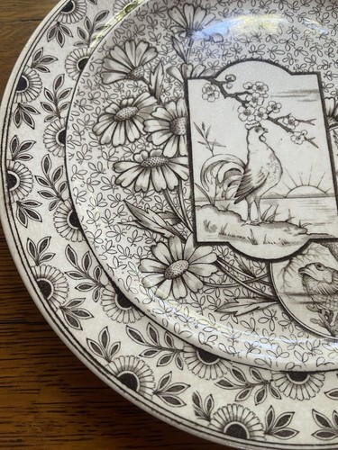 Ridgway Ästhetisches Huhn Koi Fisch Vogel 9,5" Teller Braun Transferware Devonshire - Bild 5 von 12