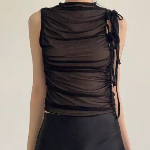Femme Maille T-Shirt Débardeur sans Manche Bords Bande Plié HAUT S-XL - Picture 4 of 10