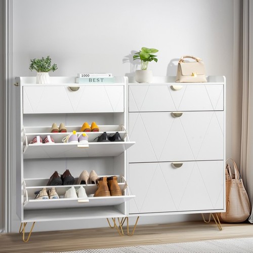 2 Drawers Top Flip Drawer Shoes Cabinet Particle Board Storage Shoes Rack White - Picture 14 of 24
