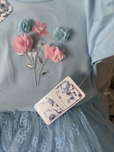 BTWEEN Girls Party Dress w/ 3D Flowers Blue Size 4T NEW w/ Tags & Hair Clip - Picture 4 of 8