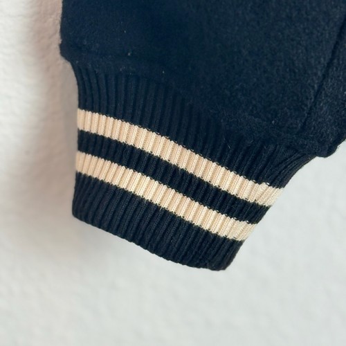 Richie Le 100% Wool Varsity Jacket Black Cream Striped Trim Size Small - Picture 11 of 18