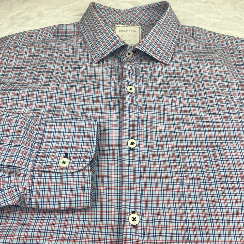 Camisa de vestir Billy Reid para hombre mediana azul/rojo a cuadros corte ajustado mangas largas Foto 4 de 4