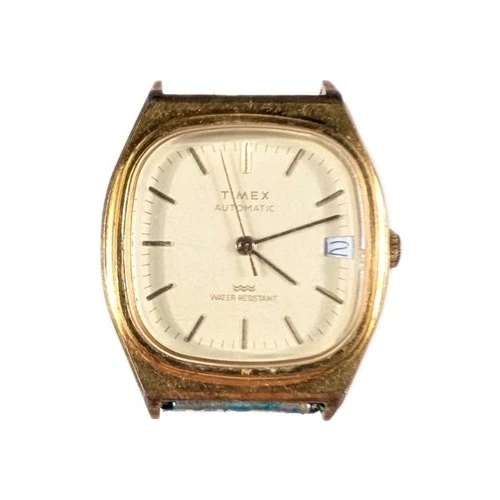 1980s Timex Viscount Automatic Watch Men Gold Tone Square Bezel No Band Runs