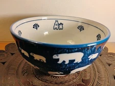 Polar Bear Ceramic Bowl Mino Ware Rice Ramen Soup Blue White Japan 6.25" x 3.5"