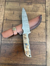 CUSTOM HANDMADE DAMASCUS RAM HOR HANDLE KNIFE & PREMIMUM LEATHER SHEATH 143/4
