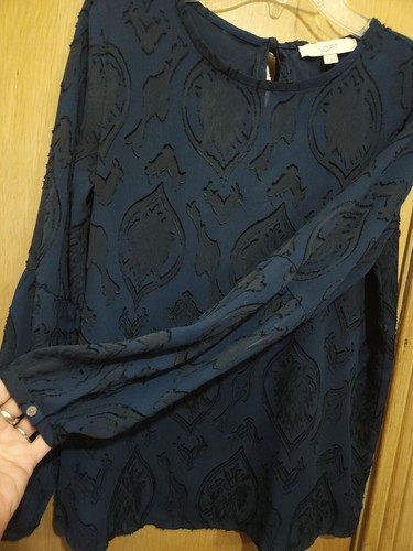 Ann Taylor Loft Dark Teal Top Womens Sm Blossom Jacquard Lantern Sleeves Blouse - Picture 4 of 11