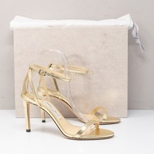 Jimmy Choo Minny 85, Size 37 7 US Light Gold Lizard Print Leather Sandals
