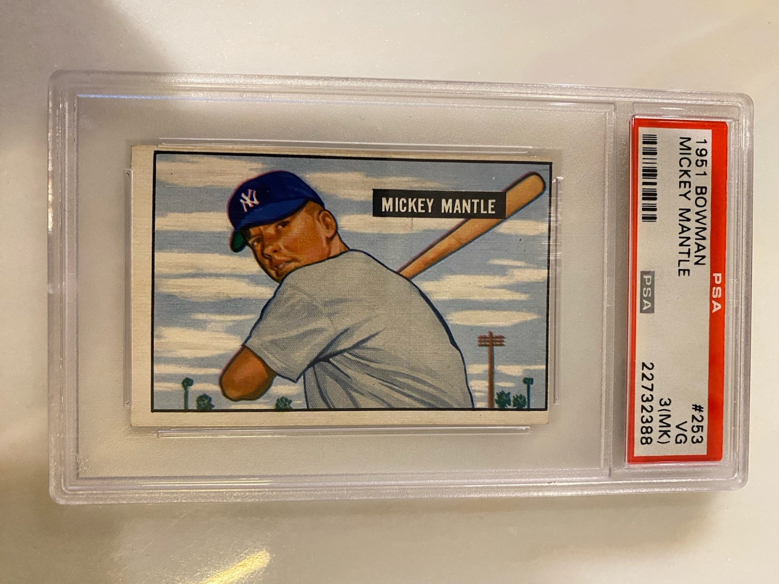 1951 BOWMAN #253 - MICKEY MANTLE ROOKIE - PSA 3 VERY GOOD - MARKED QUALIFIER